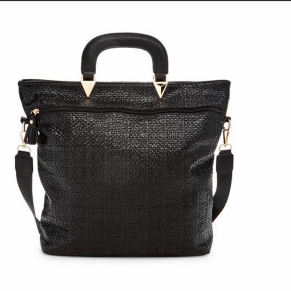 Black- Woven Faux/Vegan Leather Tote. - Picture 1 of 6